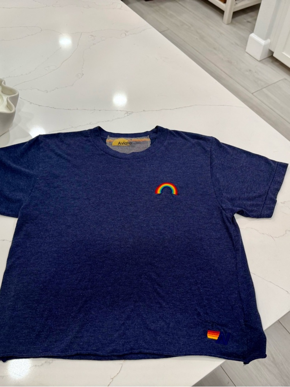 Aviator Nation Rainbow Patch Boyfriend Tee, Size Small, Navy, Used